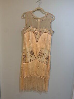Cream Sequin Fringe Flapper Dress Gatsby 1920s Art Deco Cocktail Dress XL
